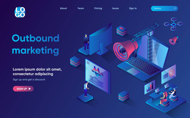 Outbound marketing concept 3d isometrische web landing page. Mensen ontwikkelen promotiestrategie, maken reclamecampagne, trekken klanten aan om producten te kopen. Vector illustratie voor web template ontwerp - Vector, afbeelding