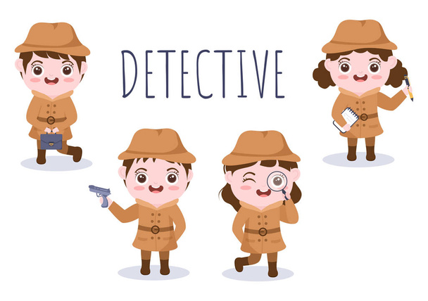 Investigador privado de dibujos animados para niños o detective que recopila información para resolver crímenes con equipos como lupa y otros en la ilustración de fondo - Vector, imagen