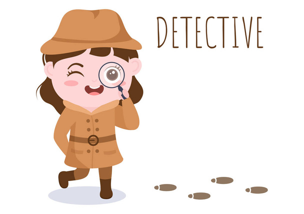 Dětský karikatura Soukromý detektiv nebo detektiv, který shromažďuje informace pro řešení zločinů s vybavením, jako je lupa a další v pozadí ilustrace - Vektor, obrázek
