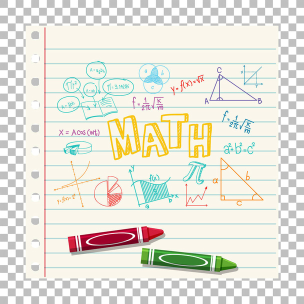 Doodle fórmula matemática con fuente Mathematics en ilustración de página de cuaderno - Vector, imagen