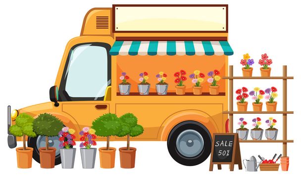концепція блошиного ринку з ілюстрацією рослинних вантажівок
 - Вектор, зображення