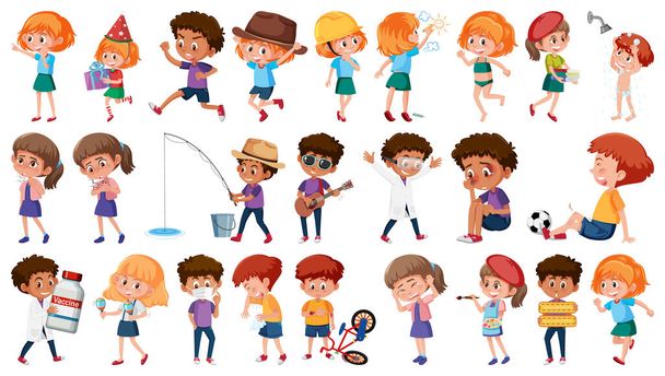 Set di bambini che fanno diverse attività su sfondo bianco illustrazione - Vettoriali, immagini