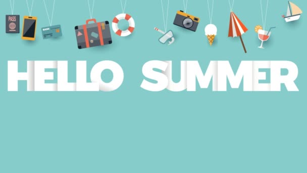 Het woord Hello Summer met iconen. Geanimeerde illustratie met tekst en kopieerruimte. Wat in te pakken voor een vakantie. Artikelen om mee te nemen.  - Video