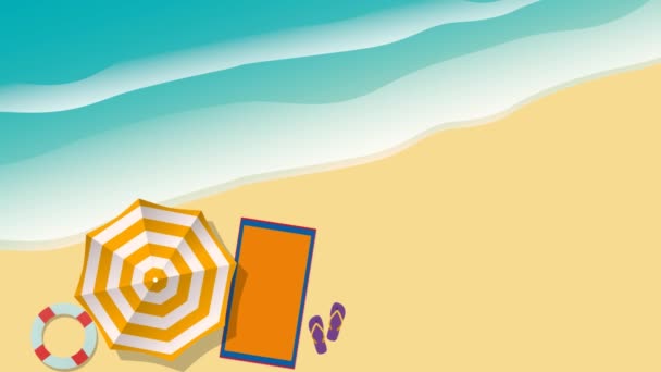 Animasyon yaz arkaplanı. Plaj ve deniz, şemsiyeli ve deniz dalgalı, düz dizayn edilmiş bir sahilin havadan görünüşü. Görüntüleri döndür - Video, Çekim