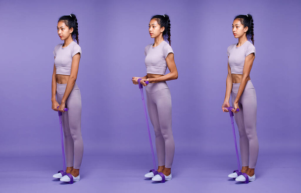 Kolaż Full length body of Asian slim garbowana skóra Fitness kobieta ćwiczenia rozgrzewka rozciągnąć ABS ramiona nogi, fioletowe tło, koncepcja Kobieta może zrobić sportowca w bardzo Peri kolor bloku nastroju ton - Zdjęcie, obraz