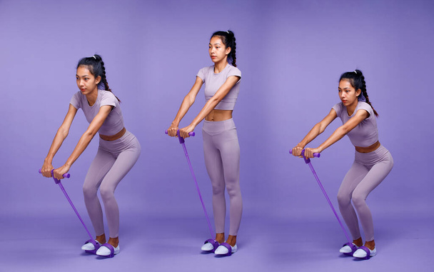 Kollázs Teljes hosszúságú test ázsiai karcsú barnított bőr Fitness nő gyakorolni melegítő nyújtás ABS karok lábak, lila háttér, koncepció Woman Can Do sportoló nagyon Peri szín blokk hangulat hang - Fotó, kép