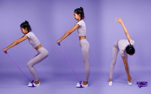 Коллаж Полная длина тела азиатской тонкой загорелой кожи Фитнес-женщина упражнения разминки ABS руки ноги, фиолетовый фон, концепция Женщина может сделать спортсмен в очень Пери цвет блока настроения тон - Фото, изображение