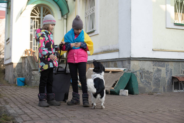 two little girls with the flag of ukraine, suitcase, dogs. Ukraine war migration. Collection of things in a suitcase. Flag of Ukraine, help. Krizin, military conflict. - Photo, Image