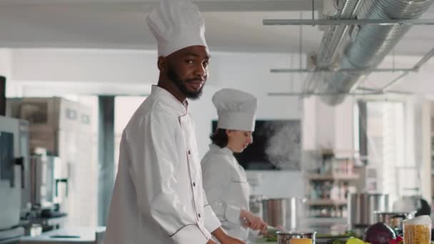 Retrato de chef masculino con los brazos cruzados trabajando en la cocina del restaurante - Metraje, vídeo