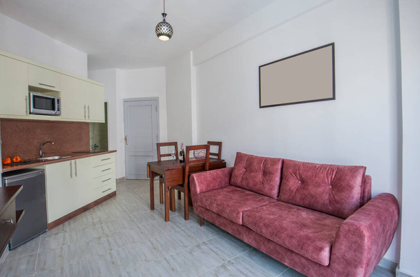 Σαλόνι σαλόνι σε πολυτελές διαμέρισμα δείχνουν το σπίτι δείχνει διακόσμηση διακόσμηση διακόσμηση επίπλωση με ανοιχτή κουζίνα - Φωτογραφία, εικόνα
