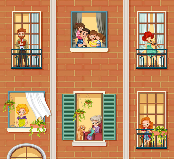 Παράθυρα διαμέρισμα με γείτονες εικονογράφηση χαρακτήρα κινουμένων σχεδίων - Διάνυσμα, εικόνα