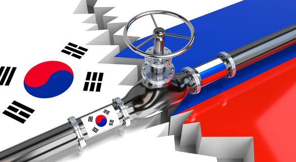 Gaspipeline, Flaggen Südkoreas und Russlands - 3D-Illustration - Foto, Bild
