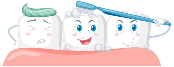 白い背景のイラストに歯磨き粉で自分自身を磨く幸せな歯 - ベクター画像
