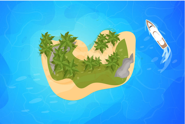 Tropische Insel und Yacht oder Boot von oben, Resort mit Palmen, Sand und Wellen im Cartoon-Stil isoliert auf weißem Hintergrund. Sommerantenne, Landschaft. - Vektor, Bild