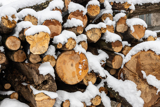 Snow covered firewood. Stack of wood cut. Snow on the timber stack. Wooden log store under snow. - Foto, Imagen