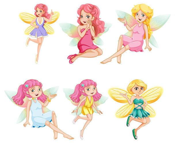 Set van verschillende mooie fee meisje cartoon karakter illustratie - Vector, afbeelding