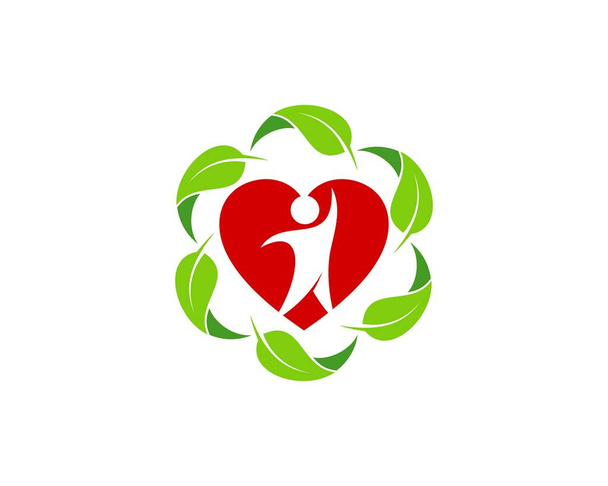 Coeur et personnes à l'intérieur du logo feuille cercle - Vecteur, image