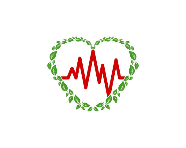 Medical pulse in the love nature leaf logo - Vector, Image