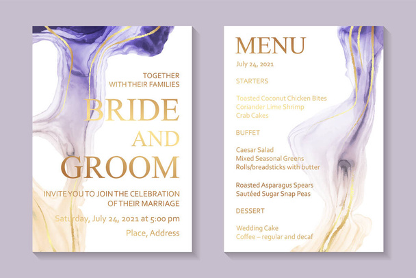 Moderner Aquarell-Hintergrund oder elegantes Kartendesign für Geburtstagseinladungen, Hochzeiten oder Menüs mit abstrakten lila und gelben Tintenwellen und goldenen Farbtupfern. - Vektor, Bild