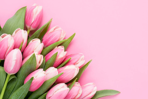Bunch of pink tulip flowers on a pink background. Mothers Day, Valentines Day, birthday concept - Foto, imagen