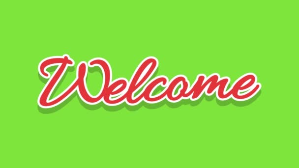 Das Wort Willkommen. Animiertes Banner mit Text in verschiedenen Farben auf grünem Hintergrund, Chroma-Taste - Filmmaterial, Video