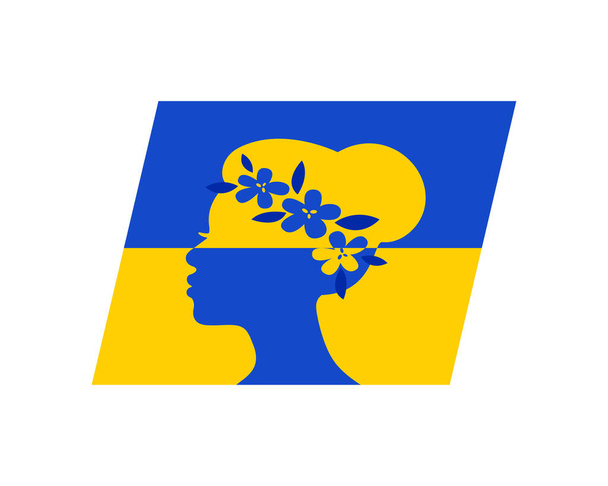 Donna ucraina faccia con corona floreale, icona bandiera blu e gialla isolata su sfondo bianco. Illustrazione piatta vettoriale. Simbolo di indipendenza - Vettoriali, immagini
