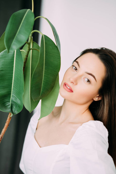 Portrait of young brunette woman next to ficus houseplant. - Foto, immagini