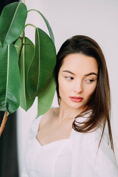 Porträt einer jungen brünetten Frau neben Ficus-Zimmerpflanze. - Foto, Bild