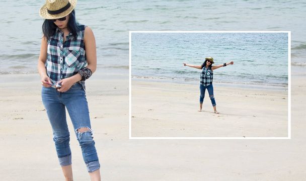 collage de verano con mujer hipster en la playa - Foto, Imagen