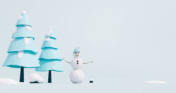 Felice pupazzo di neve e alberi invernali con tonalità blu pastello. Spazio negativo per la copia. rendering 3d. - Foto, immagini