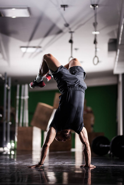Muscular athlete standing and walking on hands upside down. - 写真・画像