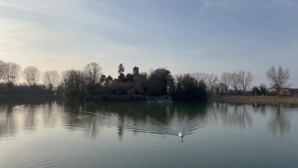 Villa d 'Este en Reggio Emilia panorama del lago y el edificio con un cisne - Metraje, vídeo