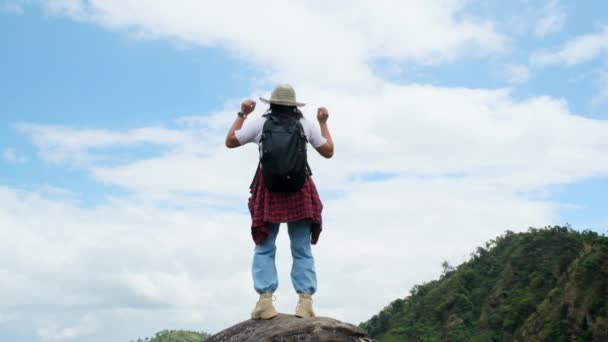 Mladá asijská turistka v červeném plášti, stojící na vrcholu hory se zvednutými pažemi a vychutnávající si výhled. koncept cesty a úspěchu - Záběry, video