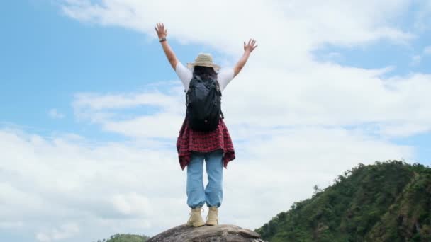 Νεαρή Ασιάτισσα πεζοπόρος με κόκκινο αδιάβροχο να στέκεται στην κορυφή του βουνού με σηκωμένα χέρια και να απολαμβάνει τη θέα. έννοια ταξίδι και επιτυχία - Πλάνα, βίντεο