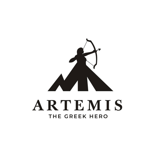 Afbeelding van de Griekse godin Artemis met pijl en boog logo op de top van een berg. - Vector, afbeelding