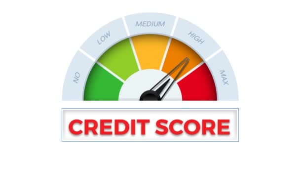 Η λέξη Credit score στο μετρητή. Ταχύμετρο που μετρά το επίπεδο της πιστωτικής βαθμολογίας. Εικονογράφηση κινουμένων σχεδίων - Πλάνα, βίντεο