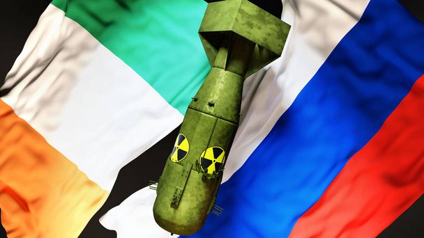 Ірландія та Росія - ядерна війна, конфлікти та криза. Національні прапори і атомна бомба з радіоактивним логотипом символізують ядерну загрозу і можливу ескалацію. - Фото, зображення