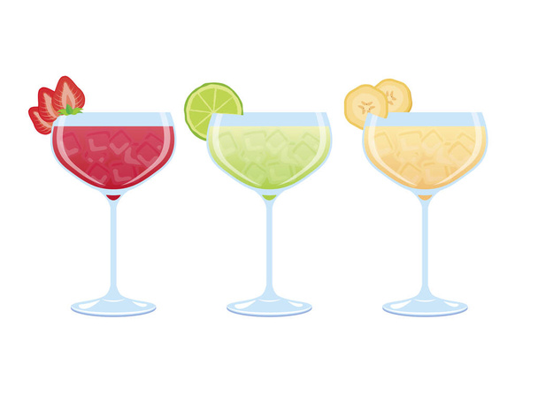 Erdbeere, Limette und Banane Drink Symbol Set Vektor. Ein Set alkoholischer Daiquiri-Cocktails isoliert auf weißem Hintergrund. Früchte frische Cocktailkollektion. Vektor alkoholischer Sommergetränke - Vektor, Bild
