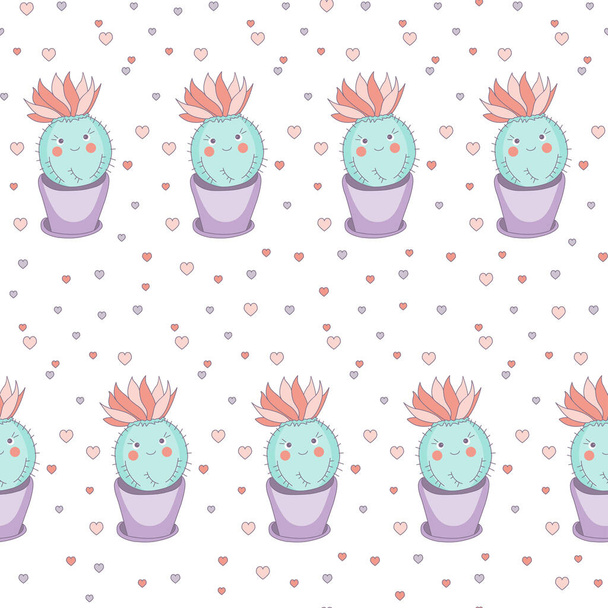 In love cute cactus characters seamless pattern. Vector illustration with potted plants and hearts on a white background. - Вектор, зображення