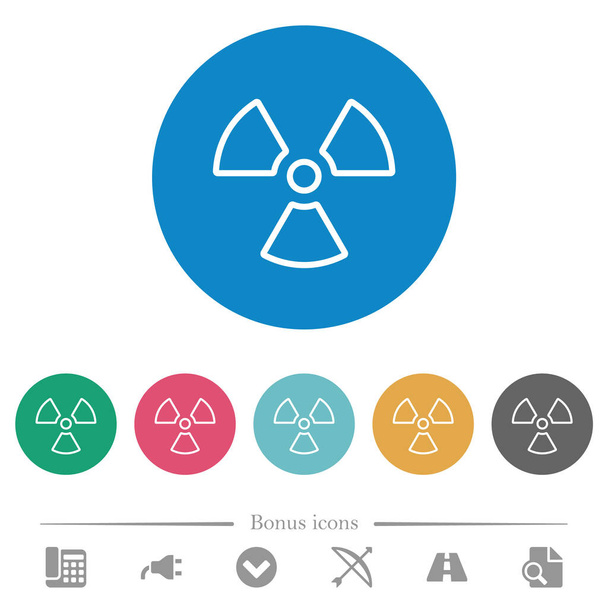 Strahlung umreißt flache weiße Symbole auf runden farbigen Hintergründen. 6 Bonussymbole enthalten. - Vektor, Bild