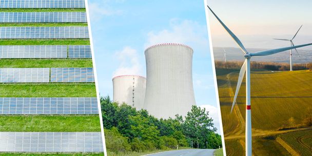 Collage aus grünem Energiekonzept mit Sonnenkollektoren, Kernkraftwerk und Windmühle.  - Foto, Bild