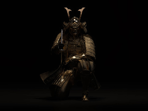 Samurai istuu yhdellä polvella kultaisessa haarniskassa. 3D-kuva. - Valokuva, kuva