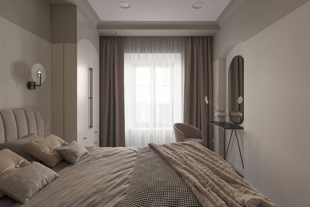 Modern bedroom interior in pastel colours. Trendy minimalistic interior concept - Zdjęcie, obraz