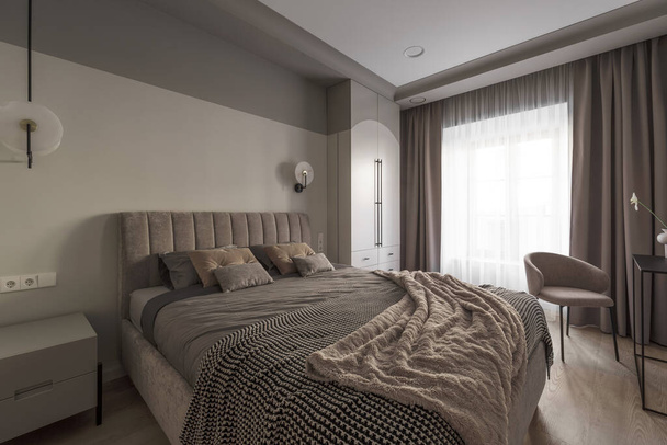 Modern bedroom interior in pastel colours. Trendy minimalistic interior concept - Foto, Bild