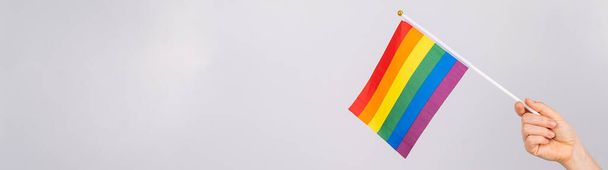 A woman is holding a rainbow flag on a white background. - Fotografie, Obrázek