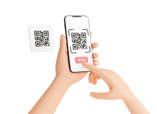 Qr-Code-Scan-Konzept - menschliche Hand hält Mobiltelefon mit Barcode-Scanvorgang 3D-Render-Illustration. - Foto, Bild