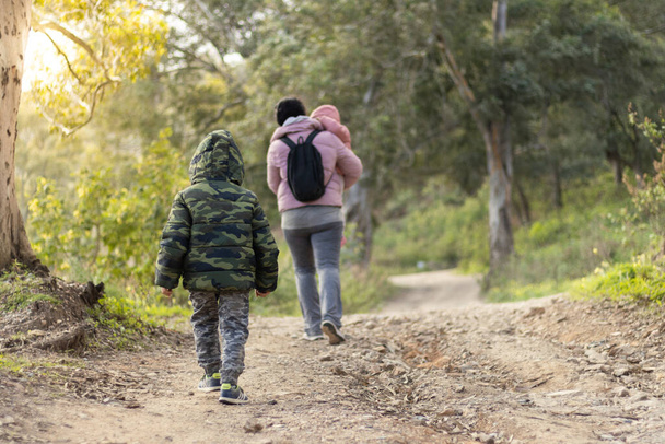 Madre e figli che camminano sul campo, irriconoscibili - Foto, immagini