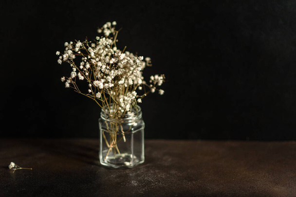 Beautiful twigs of dry gypsophile in a glass can on a dark concrete background - Foto, immagini