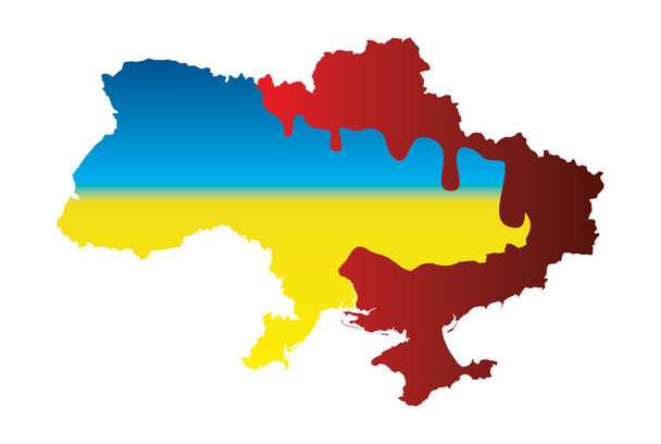 Kaart van Oekraïne met bloedige oorlogszone en Oekraïense nationale vlag op de achtergrond. Internationale protestposter. Banner roept op om de oorlog van Rusland tegen Oekraïne te stoppen. Vector eps8 illustratie. - Vector, afbeelding