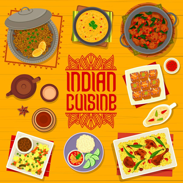 Indian cuisine restaurant meals and drinks menu cover. Masoor Dal lentil soup, chicken Biryani and gravy, pumpkin ginger cake, lamb and spinach Saag Gosht, pork and lentil curry, masala tea vector - Vector, Image